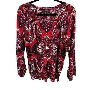Nine West Jeans Red Paisley Long Sleeve V-Neck Blouse Size Medium